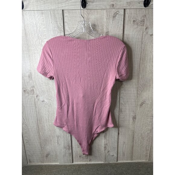 Pink Ribbed Tie-Front Bodysuit Wild Fable Polyester Blend Short Sleeve Medium - Picture 2 of 6